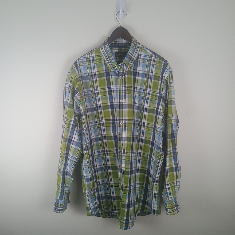 Orvis Heritage Wash Green Blue Plaid Button Down Shirt Mens Large L 2GMX - Picture 2 of 11